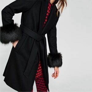 Zara Elegant Black Belted Coat with Faux Fur cuff sleeves